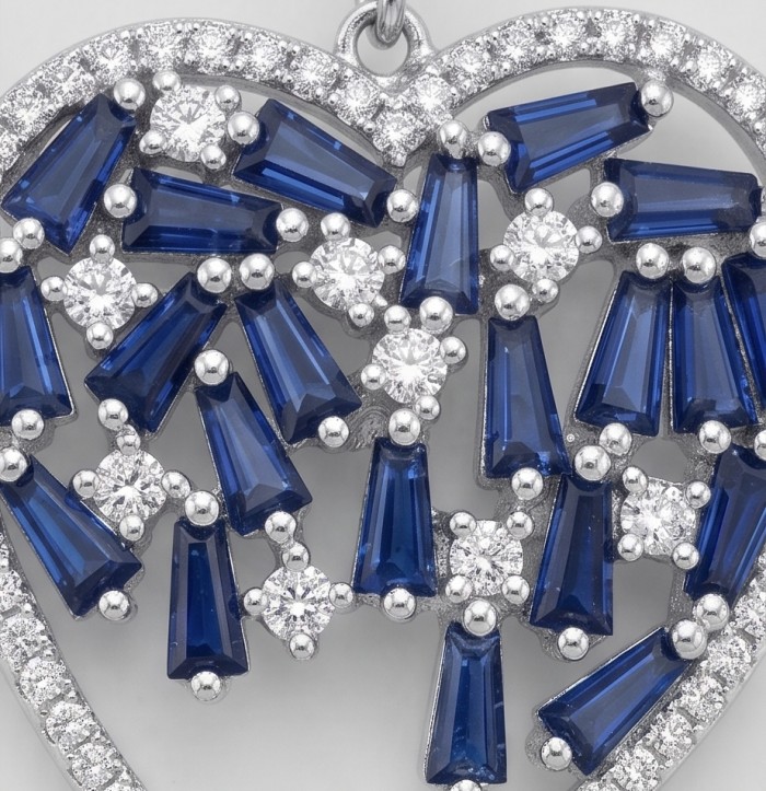Precious Hearts - authentic 8.5 carat Sapphire .925 Sterling Silver dipped in rhodium handcrafted Statement Earrings - Heart-shaped sapphire pendant stone close-up with diamond accents.