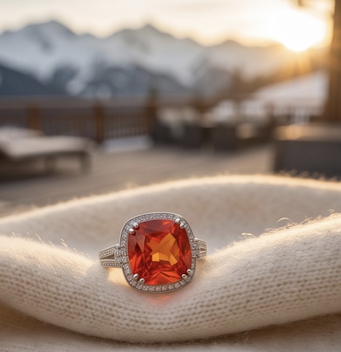 Vivid Energy 19.4 ctw Red Topaz .925 Sterling Silver handcrafted Statement Ring size 8 1/4 - Close-up of Vivid Energy Red Topaz ring with mountain background.