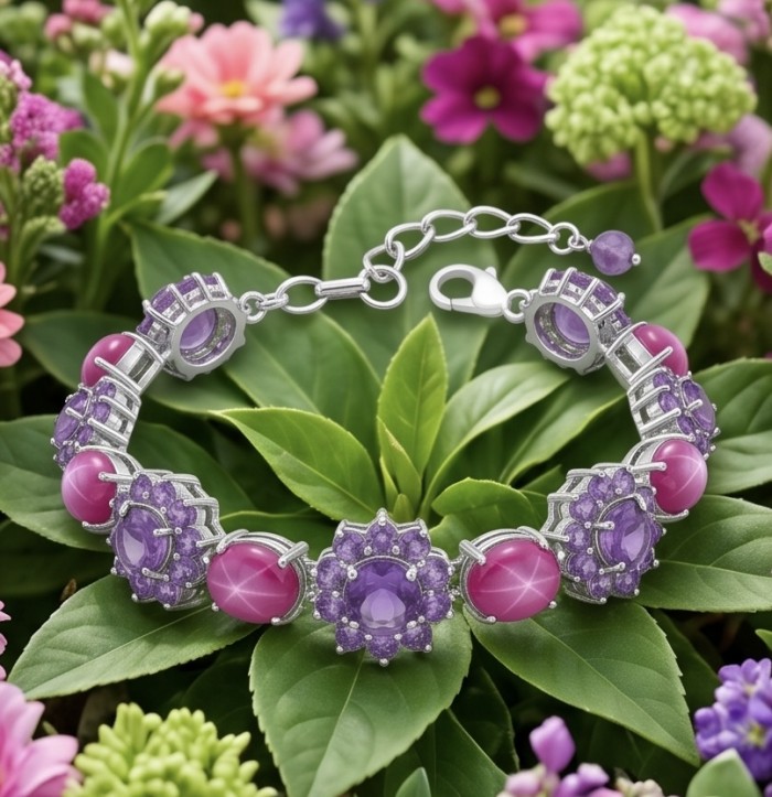 Bella Rosa - 14.4 carat authentic Mozambique Ruby 12.1 carat Amethyst .925 Sterling Silver dipped in rhodium Gold handcrafted Bracelet - Bracelet with pink and purple stones in a garden setting, top view.