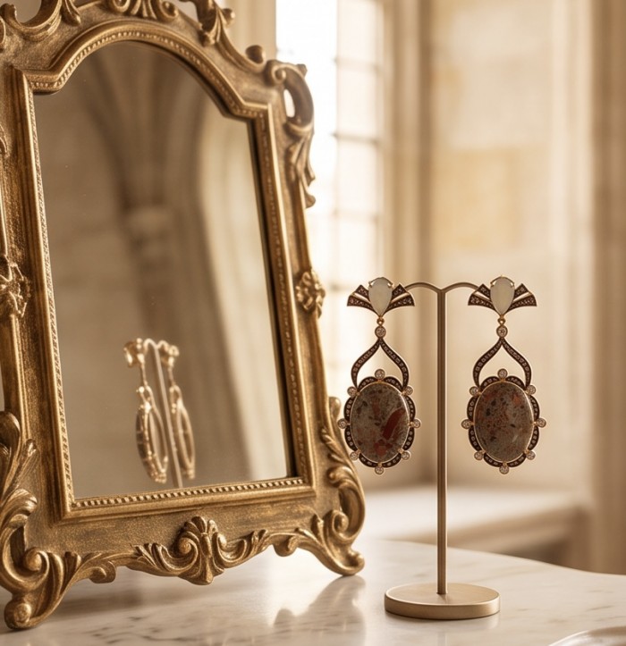 Morrisonite Jasper - "King of Jaspers" FROM OREGON .925 Sterling Silver dipped in 14K Gold handcrafted Statement Earrings - Elegant earrings with jasper stones shown on a stand, next to mirror