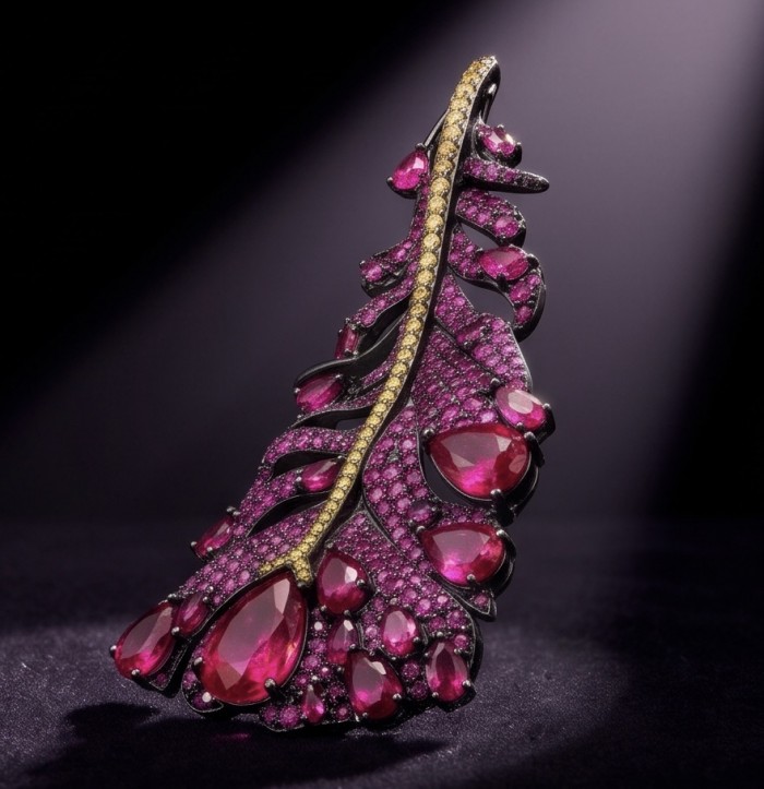 Magic Red Feather Large 10.8 carats Ruby .925 Sterling Silver DIPPED IN RHODIUM handmade Pendant - Brooch - Side view of Magic Red Feather with rubies on sterling silver.