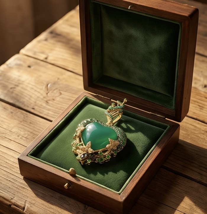 Power of Nature Unique 27.5 CARAT Green Jade 1.8 carat pave Emerald 18K Gold over .925 Sterling Silver handcrafted pendant - Green jade pendant in open box on wooden surface, top view.