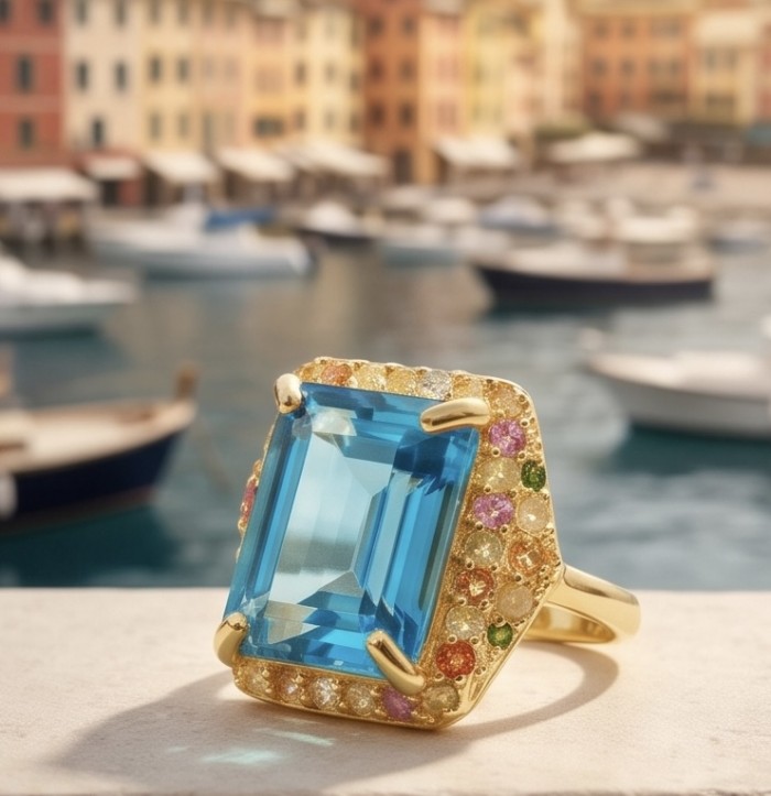 The Ocean Empress baquette 14.8 carat Swiss Blue Topaz 0.2 carat Sapphire 22K Gold over .925 Sterling Silver dipped in rhodium handcrafted ring size 7 - Close-up of The Ocean Empress Swiss Blue Topaz ring in a scenic setting.