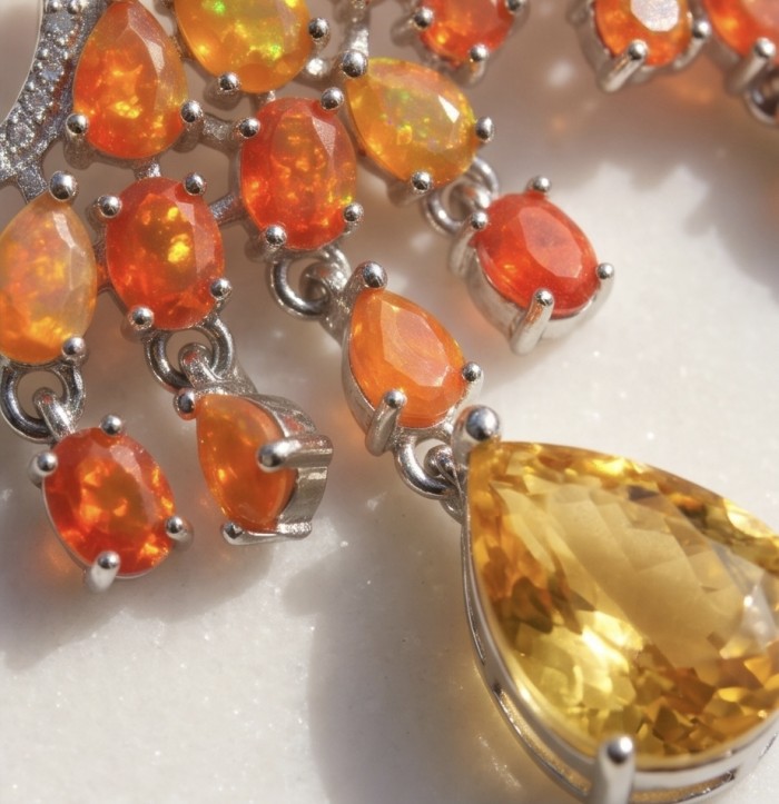 Valentina 3.9 carat Natural Fire Opal 4.9 carat Citrine rhodium over .925 Sterling Silver handcrafted earrings - Close-up of Valentina Fire Opal and Citrine jewelry detail.