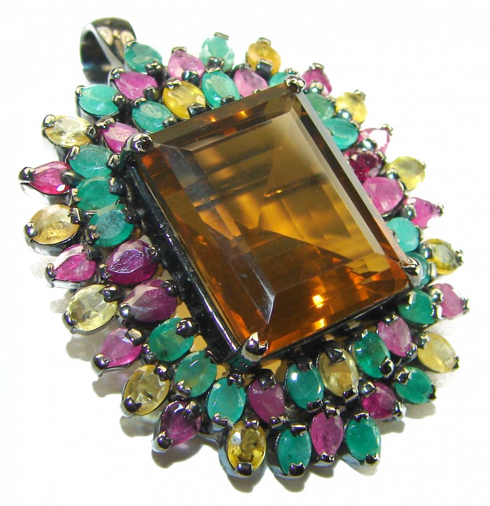 Luxurious 48.5 carat Fancy Smoky Topaz Multicolored Sapphire black rhodium over .925 Sterling Silver handmade Large Pendant - Brooch - photo 3