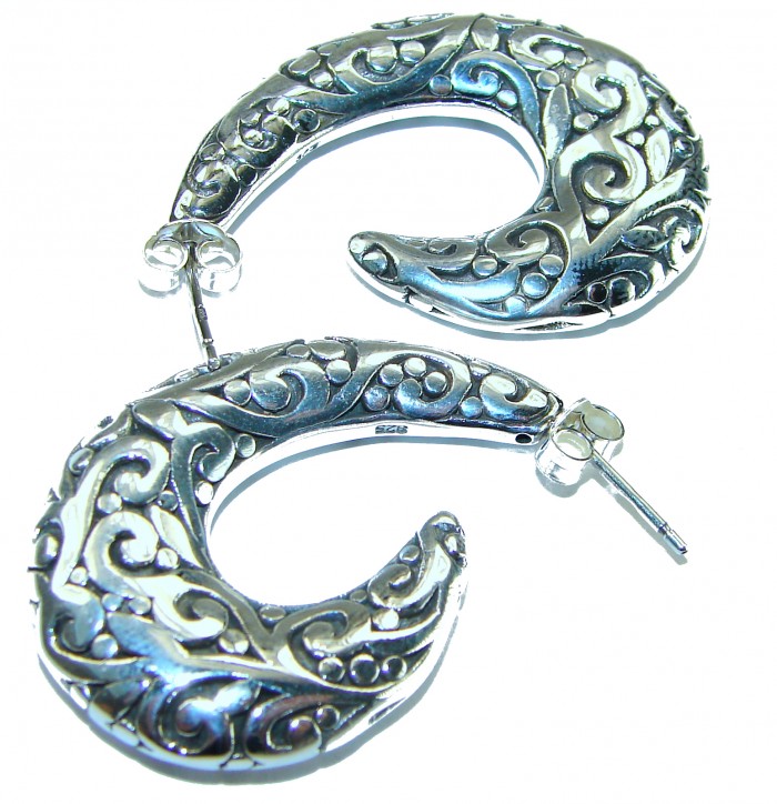 1 5/8 inches long - Free Spirit bohemian Style .925 Sterling Silver handmade Bali made Oversized Earrings - Ornate silver earrings, top view, floral design, 1 5/8 inches long.