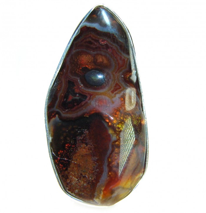 Mystery Genuine 55.2 CARAT Fire Agate .925 Sterling Silver Ring size 8 adjustable - Close-up of Mystery Genuine 55.2 carat Fire Agate in sterling silver.