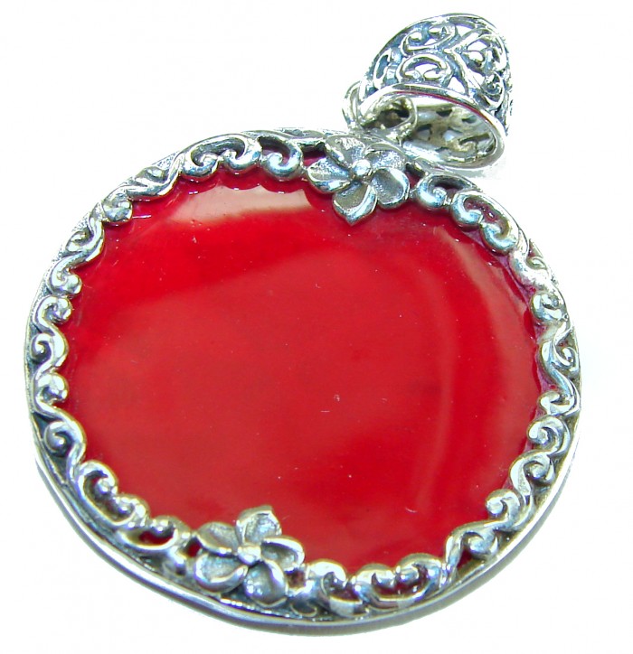 Bright Energy Authentic Coral .925 Sterling Silver Bali handmade pendant - Close-up of silver and coral pendant with floral details
