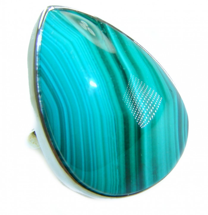 25.5 CARAT genuine Malachite .925 Sterling Silver handcrafted ring size 7 adjustable - Teardrop malachite ring close-up, sterling silver setting