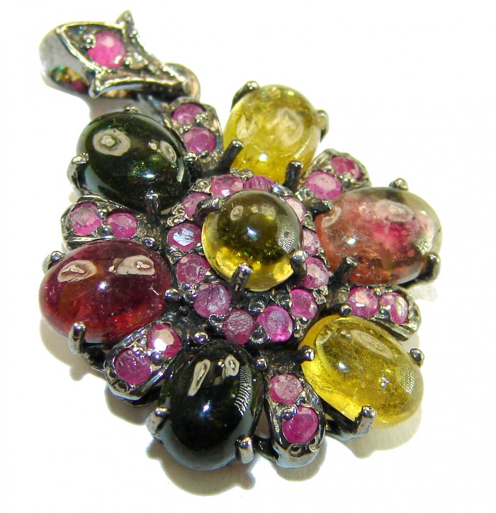 14.5 carat Brazilian Watermalon Tourmaline black rhodium over .925 Sterling Silver handmade Pendant - Close-up of multicolored gemstone pendant in black rhodium setting