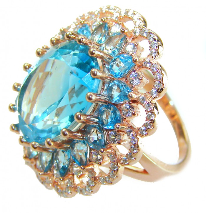 Endless Ocean Natural 14.4 carat Swiss Blue Topaz .925 Sterling Silver dipped in 18K Gold handmade Large Statement Ring size 7 1/4 - Close-up of Endless Ocean Swiss Blue Topaz ring with intricate detailing