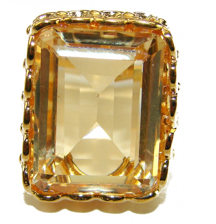 29.8 carat Genuine Lemon Quartz 14K Gold over .925 Sterling Silver handcrafted ring size 7 1/4 - Close-up of rectangular lemon quartz with gold setting.