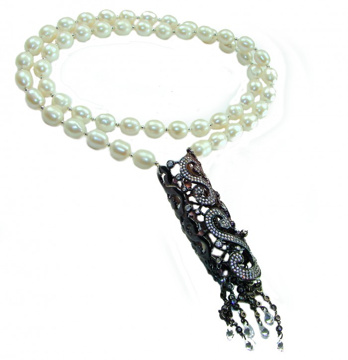 28 inches long Baroque Style Beauty Freshwater Pearl black rhodium over .925 Sterling Silver handcrafted Necklace - Baroque pearl necklace with ornate black pendant, top view.