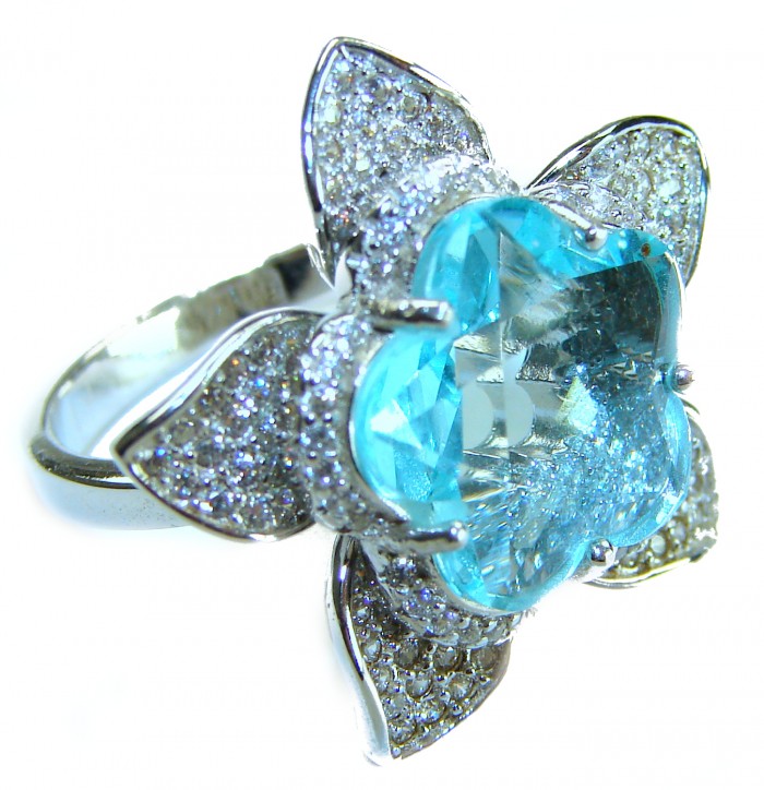 Divine Beauty 12.5 carat Aquamarine .925 Sterling Silver Handcrafted ring size 7 - Aquamarine ring side view with diamond accents in sterling silver.