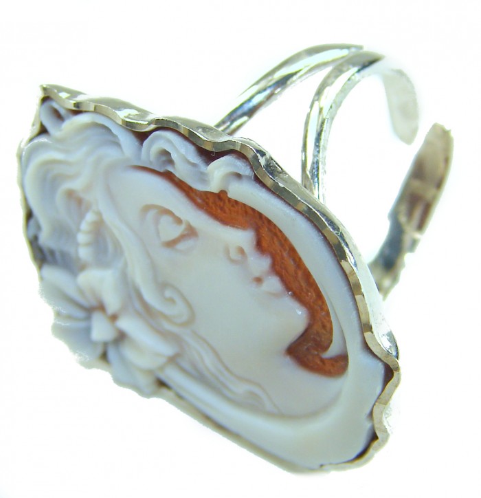 Italy made Exquisite real Cameo from Sea Shell 18K Gold over .925 Sterling Silver handcrafted Statement ring; s. 7 ADJUSTABLE - Side view of Italy-made cameo ring from sea shell, 18K gold over.