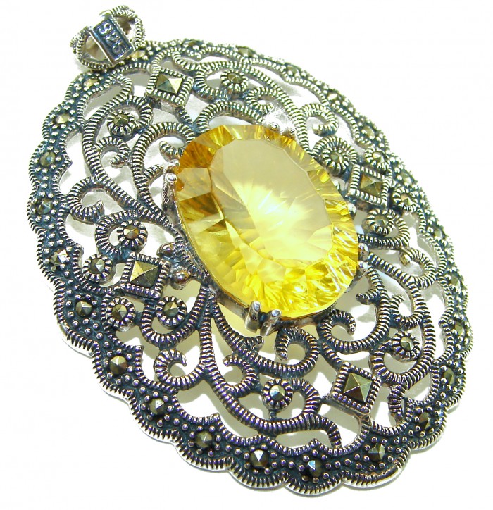 Luxury genuine 19.5 CARAT oval cut Golden Topaz .925 Sterling Silver handmade Pendant - Ornate pendant with large oval golden topaz, top view.