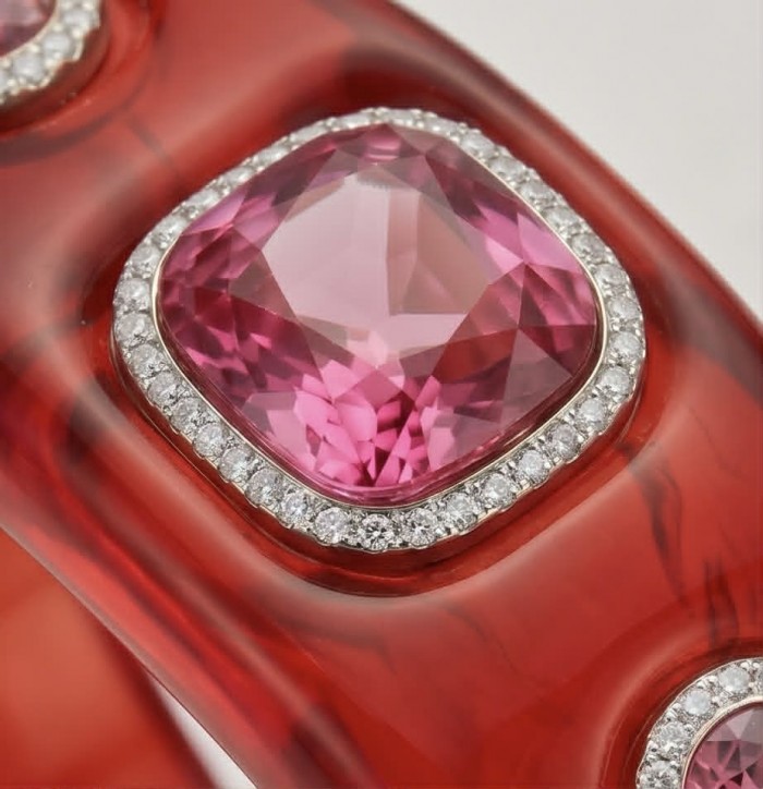 Candy Store - Modern Design Natural Red Raisin Pink Topaz .925 Sterling Silver bracelet - Close-up of pink topaz and diamonds on red jewelry.