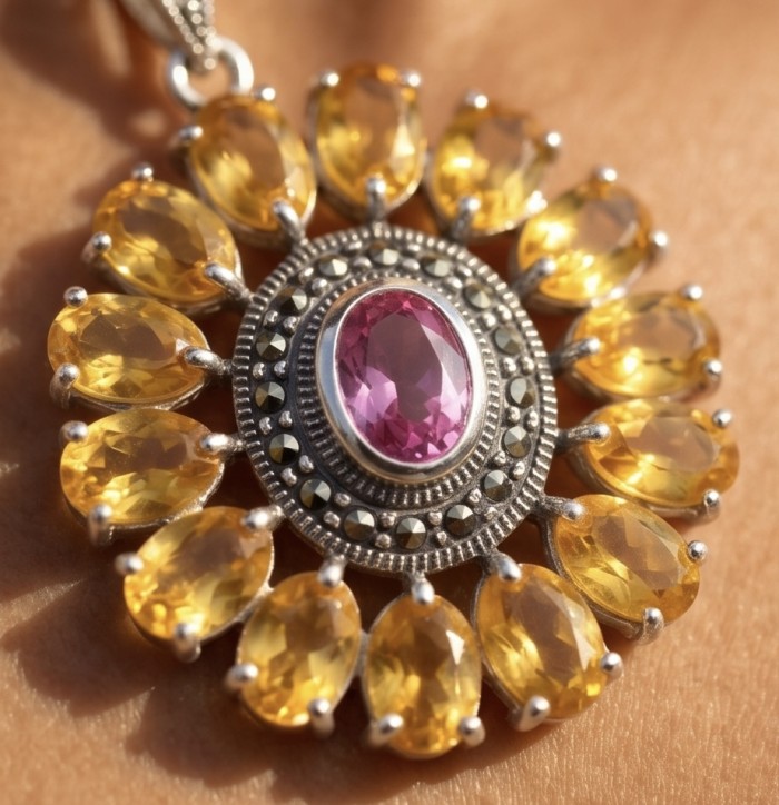 Joy - Incredible 4.8 carat Pink Sapphire rhodium over .925 Sterling Silver handcrafted pendant - Close-up of pink sapphire pendant with yellow stones.