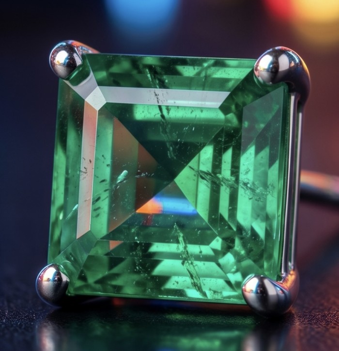 ROYALTY - assher cut 7.8 carat COLOMBIAN Emerald .925 Sterling Silver handmade Statement Earrings - Close-up of 7.8 carat Asscher cut Colombian emerald in silver setting.