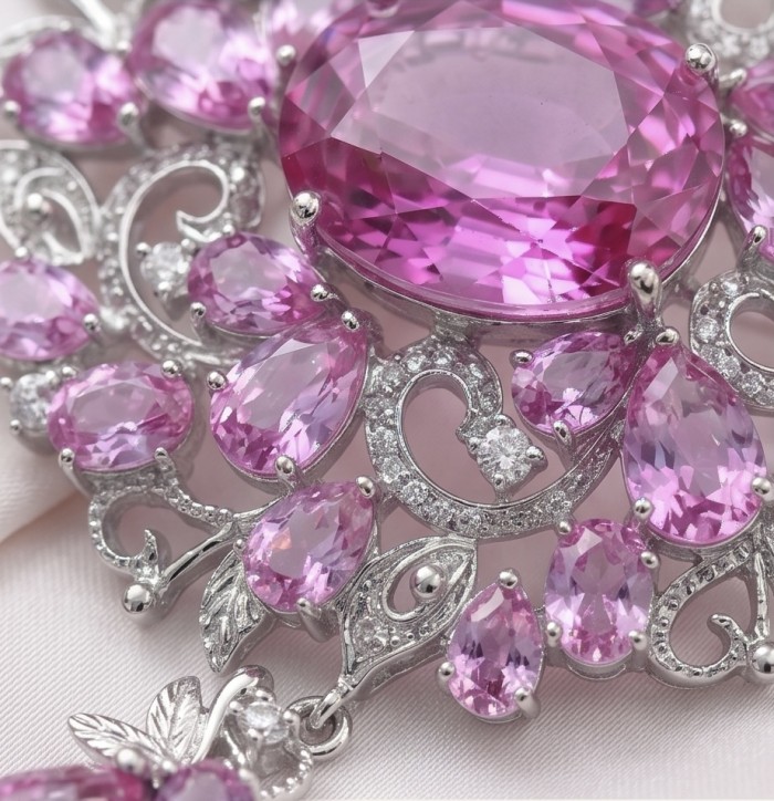 An exuberantly Large 72.7 grams Vintage style Pink Sapphire .925 Sterling Silver handmade LARGE Pendant - Brooch - Close-up of vintage-style pink sapphire and diamond jewelry design