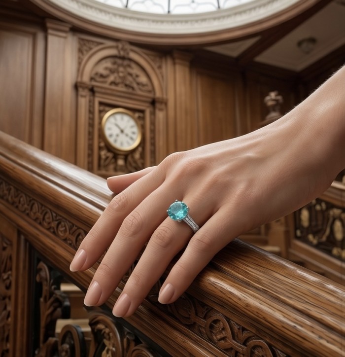 Massive Deep Blue 7.8 carat Aquamarine .925 Sterling Silver handcrafted ring size 7 - Aquamarine ring worn on hand, ornate wood background, side view.