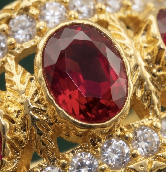 Born to Glam authentic 10.2 carat Ruby 14K Gold over .925 Silver handcrafted Ring s. 7 - Close-up of Born to Glam Ruby in 14K Gold with surrounding stones