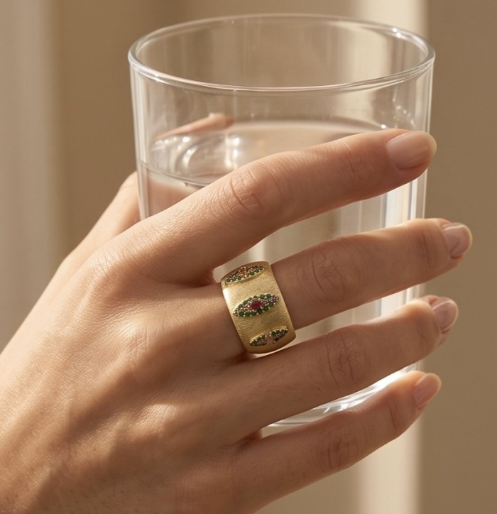 Byzantine design Authentic 4.2 carat 18K Gold over .925 Sterling Silver handcrafted Large Ring s. 8 - Gold Byzantine ring on hand holding a glass of water, side view.