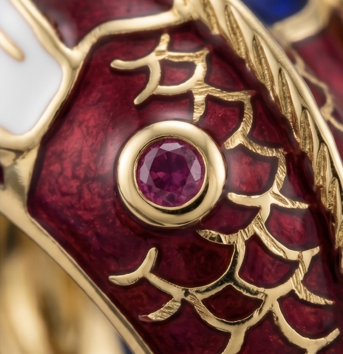 Luxurious Two Fishes Natural Ruby Enamel 18K Gold over .925 Sterling Silver Huge handcrafted Ring s. 7 - Stone close-up of luxurious ruby and gold jewelry with fish design