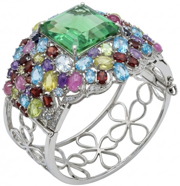 Abundance of Blessing Authentic 42.9 Apatite multigems .925 Sterling Silver handmade bangle Bracelet - Colorful gemstone bracelet, angled top view showing intricate details.