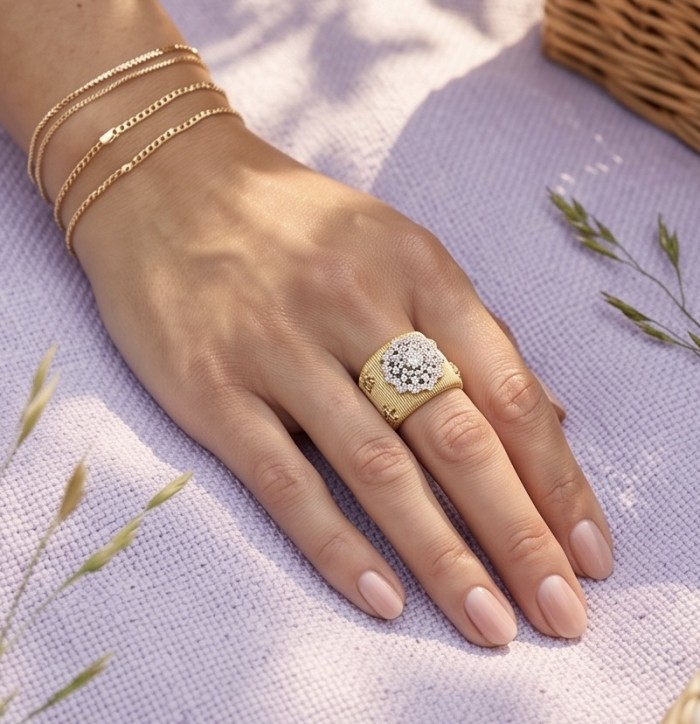 Byzantine design Authentic White Topaz 18K Gold over .925 Sterling Silver handcrafted ring size 7 - Byzantine ring and bracelets worn on hand, on lavender fabric.