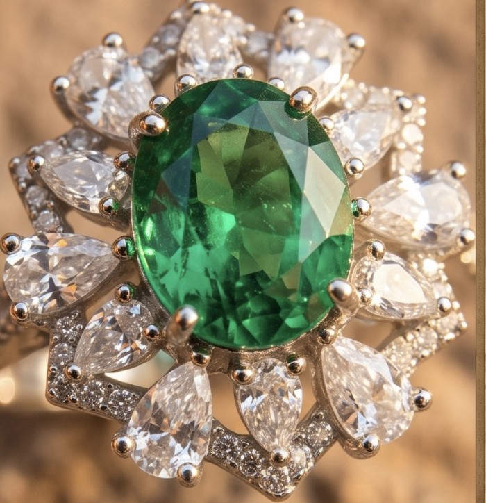 Elizabeth oval cut 4.8 carat Colombian Emerald 5.3 carat Moissanite .925 Sterling Silver dipped in Rhodium handcrafted Ring size 8 1/4 - Close-up of Elizabeth oval cut Colombian emerald ring with diamonds