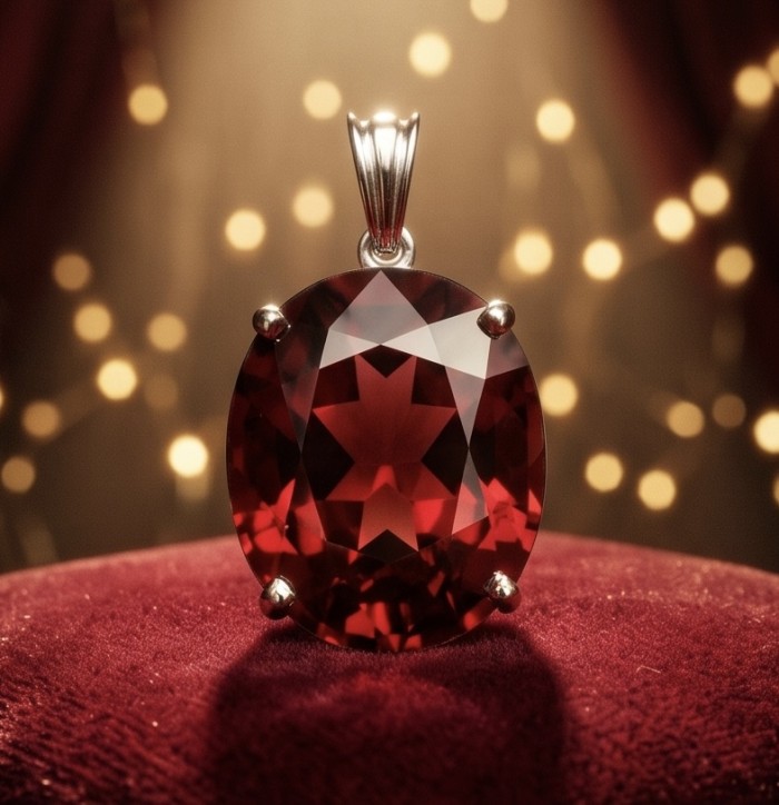 Giovanna 23.2 carat authentic Mozambique Ruby .925 Sterling Silver handmade Pendant - Close-up of 23.2 carat Mozambique ruby pendant on red velvet background.