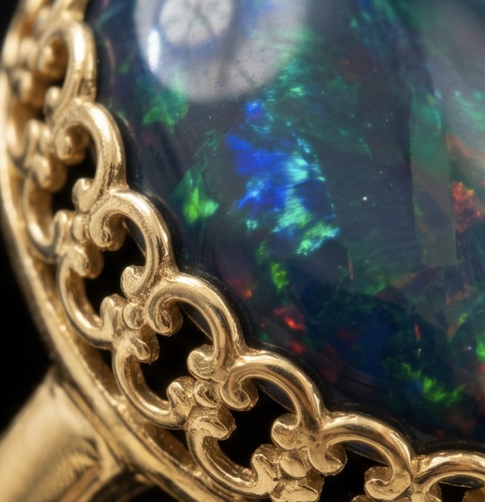 Milky way Genuine 18.2 carat Black Opal 18K Gold over .925 Sterling Silver handmade Ring size 6 - Close-up of Milky Way Black Opal in 18K Gold filigree setting