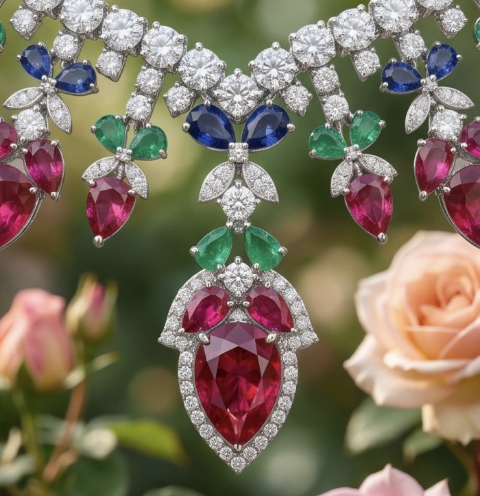 RARE BEAUTY! Valentina 55.2 carat Ruby Emerald Sapphire .925 Sterling Silver dipped in rhodium Statement Necklace - Close-up of ruby, emerald, and sapphire necklace with floral background.
