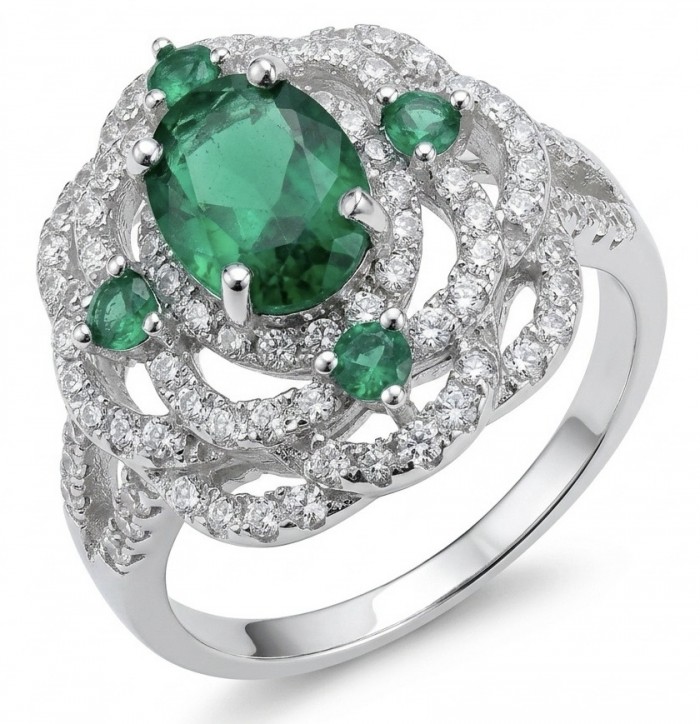 Precious 6.2 CARAT Chrome Diopside .925 Sterling Silver Statement Ring s. 7 - Sterling silver ring with chrome diopside and diamonds, top view.