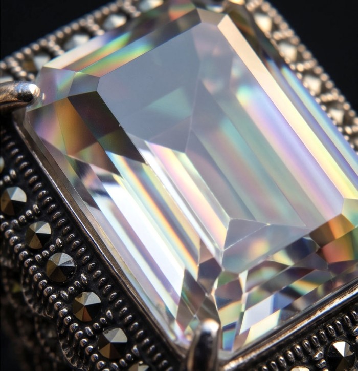 Big Dreamer Massive 25.8 carat Mystic Topaz .925 Sterling Silver handcrafted Large ring size 7 - Close-up of 25.8 carat Mystic Topaz set in .925 sterling silver.