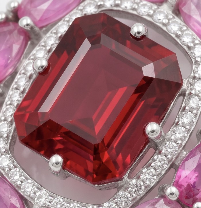 Giovanna 14.2 carat authentic Mozambique Ruby .925 Sterling Silver handmade Pendant - Close-up of Mozambique ruby ring with pink stones and diamonds.