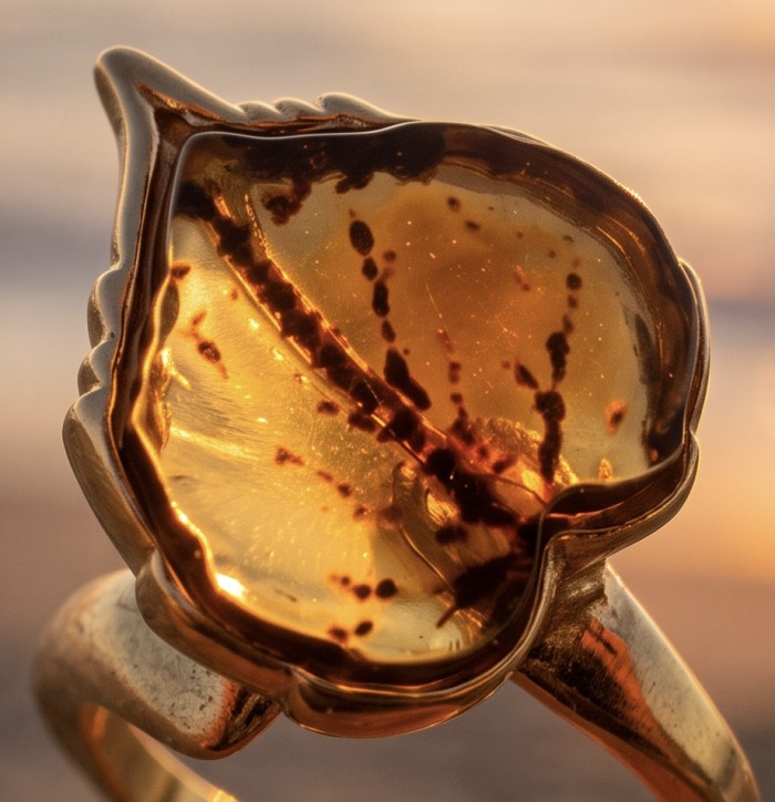 Golden Leaf Authentic Golden carved Baltic Amber .925 Sterling Silver entirely handcrafted ring; s. 8 adjustable - Close-up of Golden Leaf Baltic Amber ring in warm light