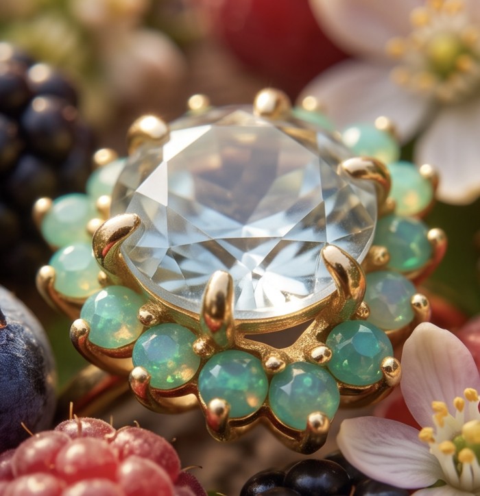 Natural 4.9 carat Green Amethyst 18K Gold .925 Sterling Silver handmade Statement Ring size 8 - Close-up of 4.9 carat green amethyst ring with opals and 18K gold setting.