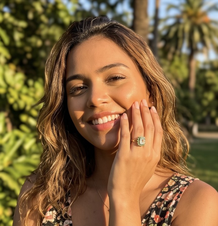 4.2 carat Green Amethyst 18K Gold over .925 Sterling Silver Handcrafted Ring size 7 - Woman wearing green amethyst ring, close-up on hand and ring.