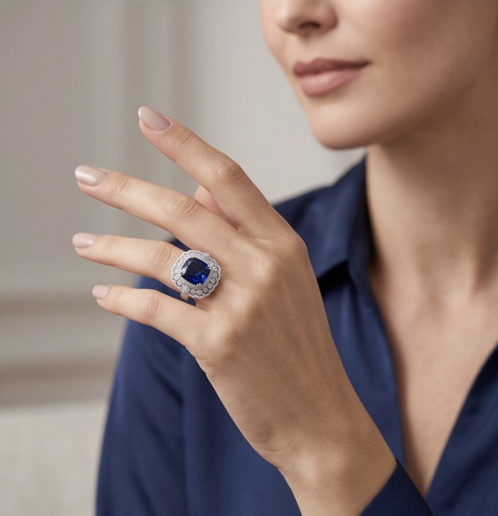 Precious Design oval cut 22.9 CARAT Tanzanite rhodium over .925 Sterling Silver Statement Ring s. 6 3/4 - Tanzanite ring worn on hand, angled view.
