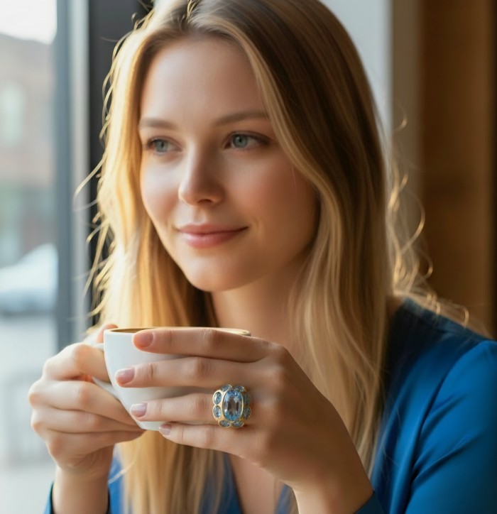 Oceania 18.3 carat Swiss Blue Topaz .925 Sterling Silver dipped in 22K Gold handcrafted ring size 8 1/4 - Woman wearing Oceania Swiss Blue Topaz ring, holding a cup.