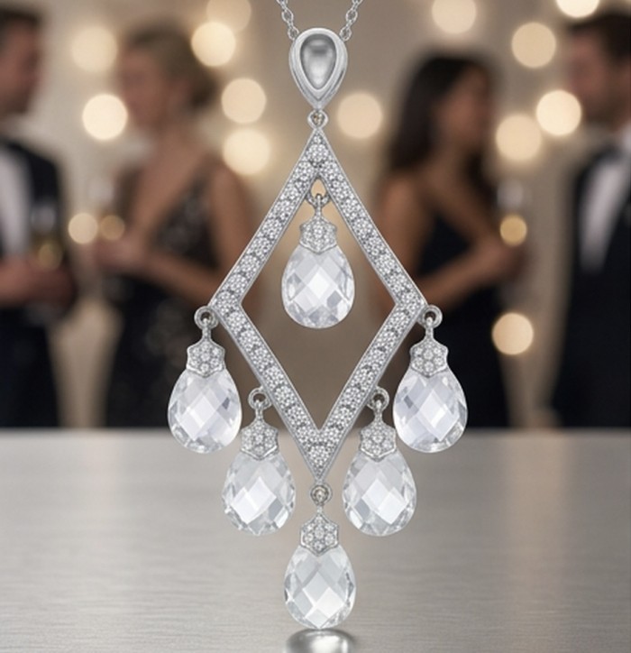 Luxurious 11.4 carat White Topaz .925 Sterling Silver handcrafted pendant - Close-up of luxurious white topaz sterling silver pendant necklace.