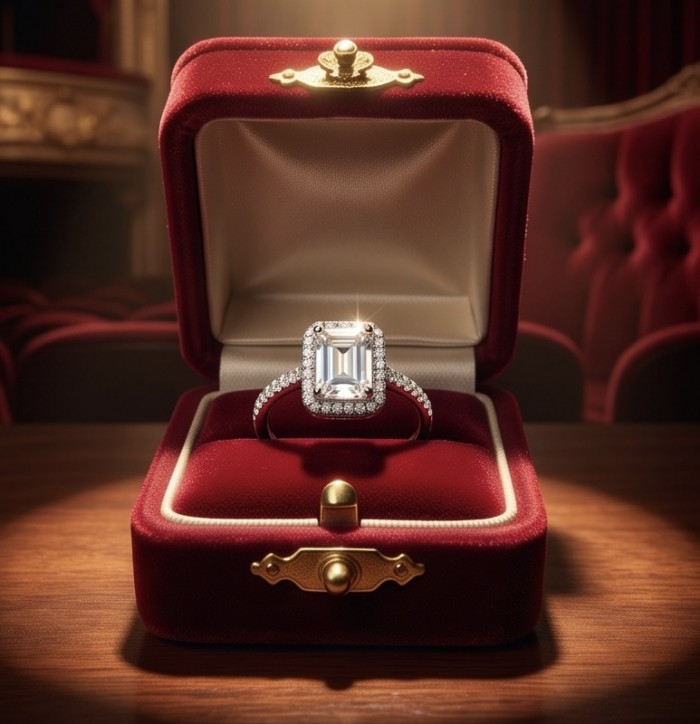 Perfection 3.8 carat White Topaz rhodium over .925 Silver handcrafted Cocktail Ring s. 6 - Emerald-cut ring in a red velvet box on a wooden table.