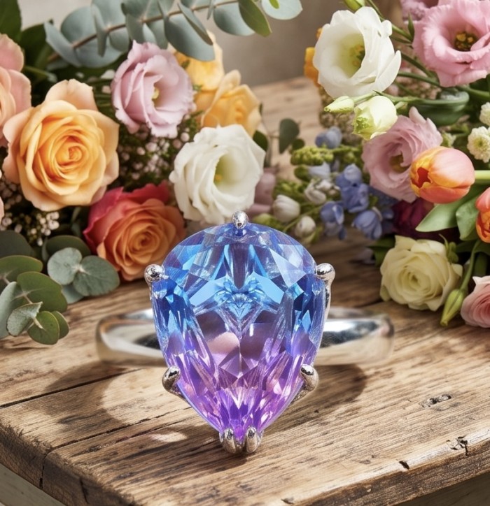 8.8 carat Alexandrite .925 Sterling Silver Perfectly handcrafted Ring s. 7 - Close-up of 8.8 carat Alexandrite ring with flowers in background