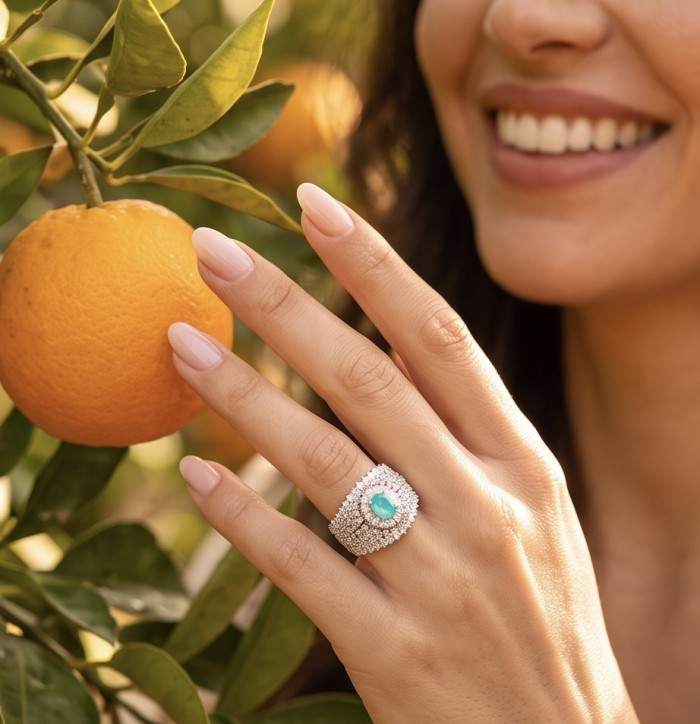 Elizabeth oval cut 2.2 carat Colombian Emerald .925 Sterling Silver dipped in Rhodium handcrafted Ring size 7 - Emerald ring worn on hand near orange, close-up view
