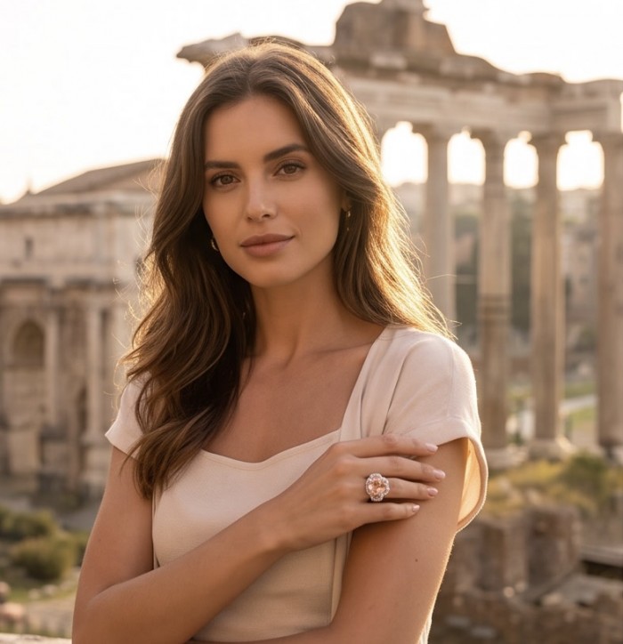 Tae Rose 8.5 carat Morganite .925 Sterling Silver handmade ring s. 9 - Woman wearing Tae Rose 8.5 carat Morganite ring at sunset.