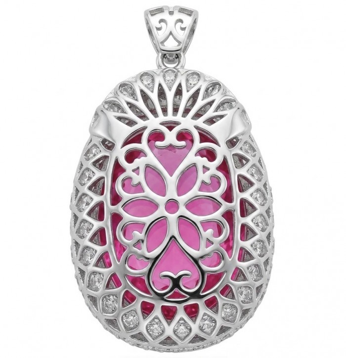Angel's Wish Luxurious 36.7 carat Pink Sapphire Rhodium over .925 Sterling Silver handcrafted pendant - Ornate pendant front view with pink sapphire and rhodium detailing.