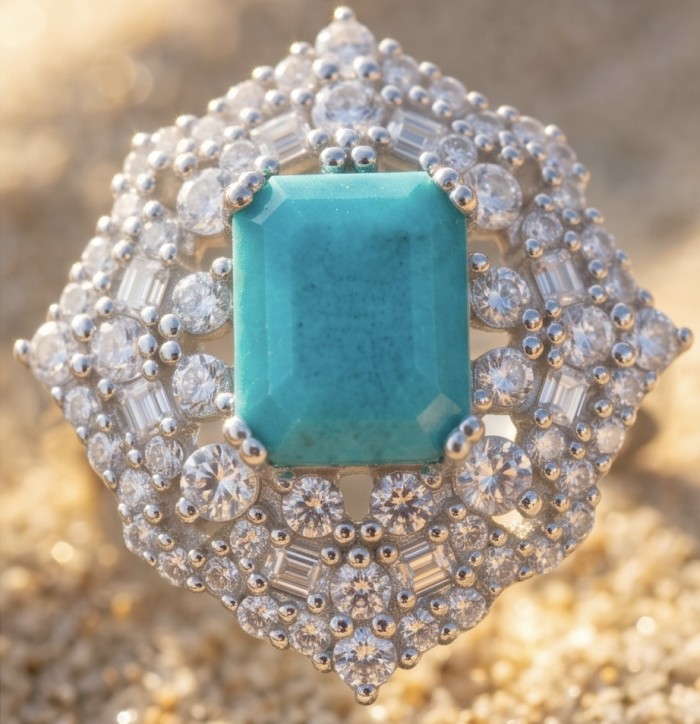 Elizabeth 5.2 carat Colombian Emerald .925 Sterling Silver dipped in Rhodium handcrafted Ring size 7 - Close-up of Elizabeth 5.2 carat Colombian Emerald in sterling silver setting.