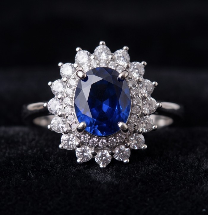 Classic Beauty- Luxurious 5.8 carat Tanzanite .925 Sterling Silver handcrafted Ring size 8 1/4 - Close-up of Classic Beauty Tanzanite ring with diamond halo.